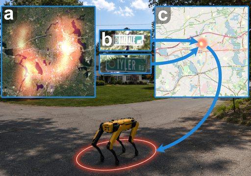 A quadruped robot uses street signs and semantic maps to localize on a suburban road.