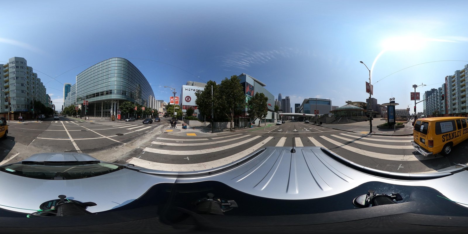 A street-level panorama at 4th and Mission Streets in San Francisco, with boxes around the Metreon, Moscone Center West, and the Children's Creativity Museum.